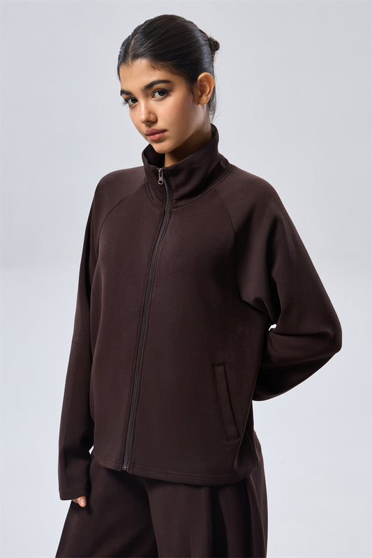 High Neck Zip Sweatshirt - Espresso