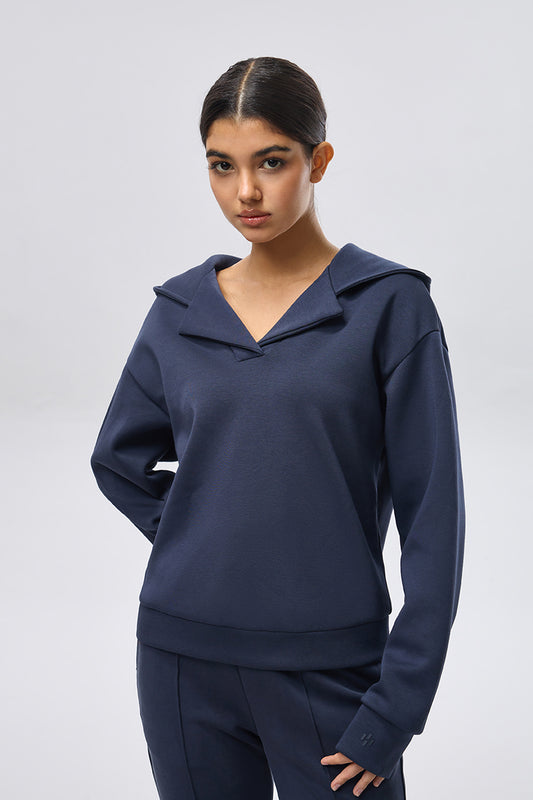 Leisure Lapel Hoodie -Navy