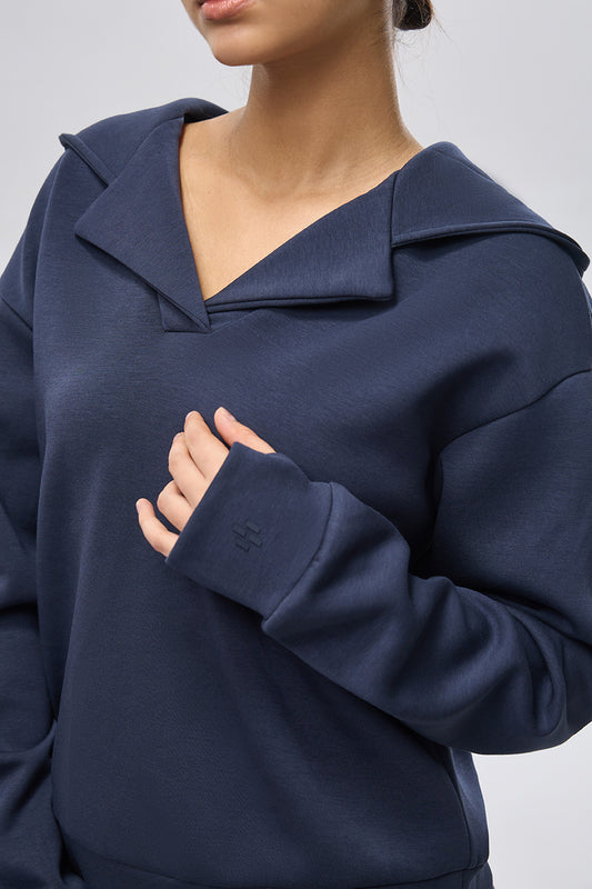 Leisure Lapel Hoodie -Navy