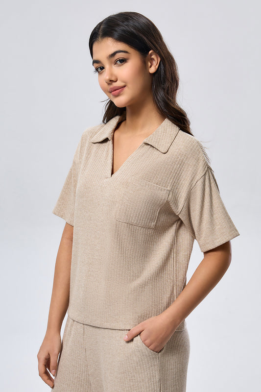 Relax Half Sleeve Collared T-Shirt - Beige