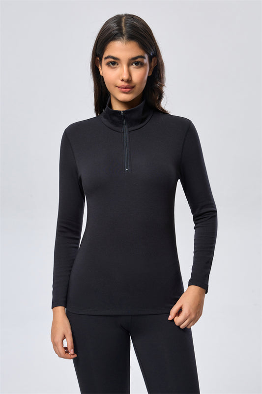 Thermal Wool High Neck Half Zip Top - Black
