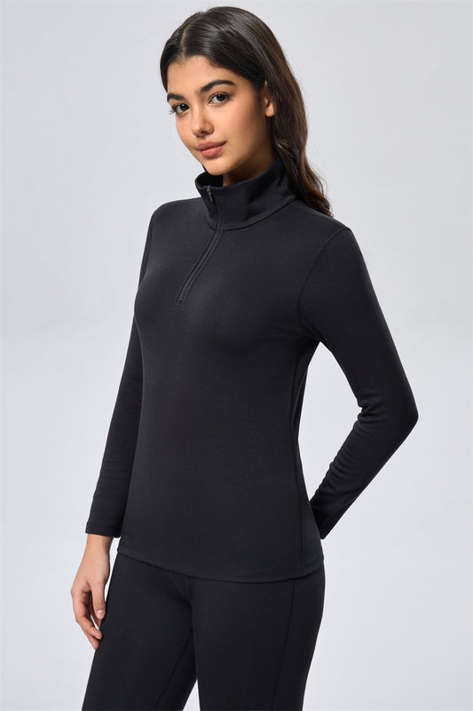 Thermal Wool High Neck Half Zip Top - Black