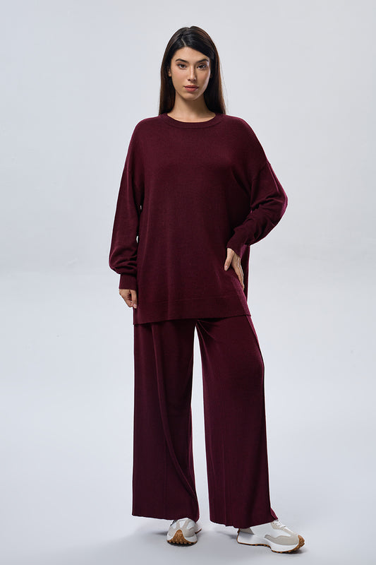 Cashmere Wide Leg Pants - Maroon