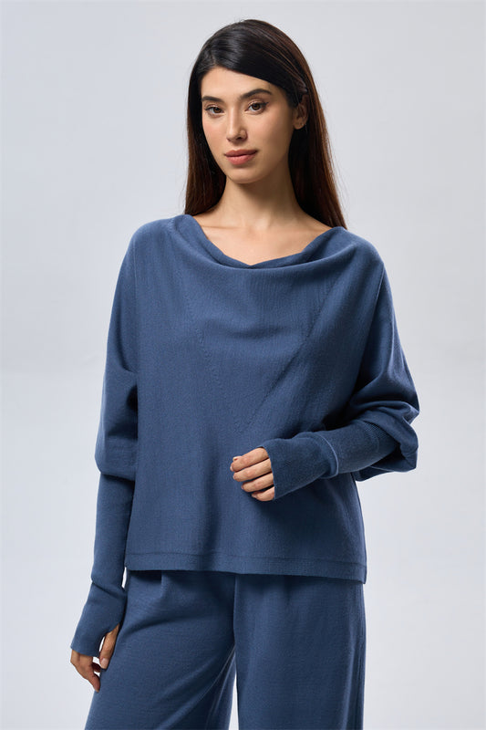 Wide Neck Knit Sweater - Blue