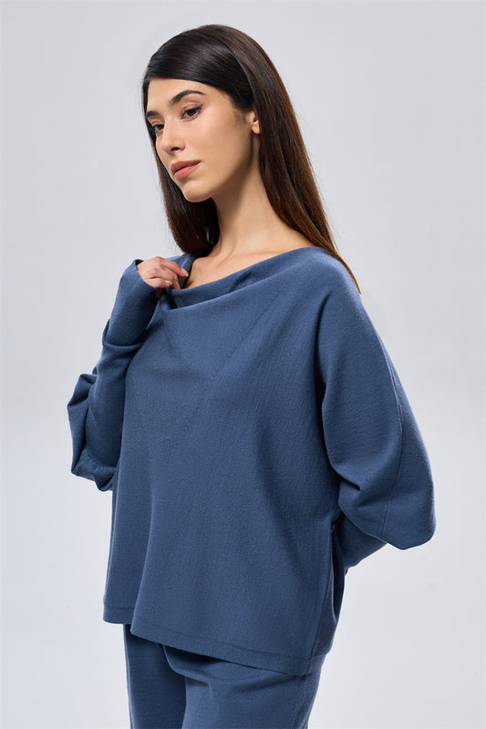 Wide Neck Knit Sweater - Blue
