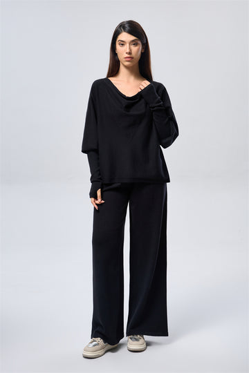 Knit Pleated Wide Leg Pants - Black