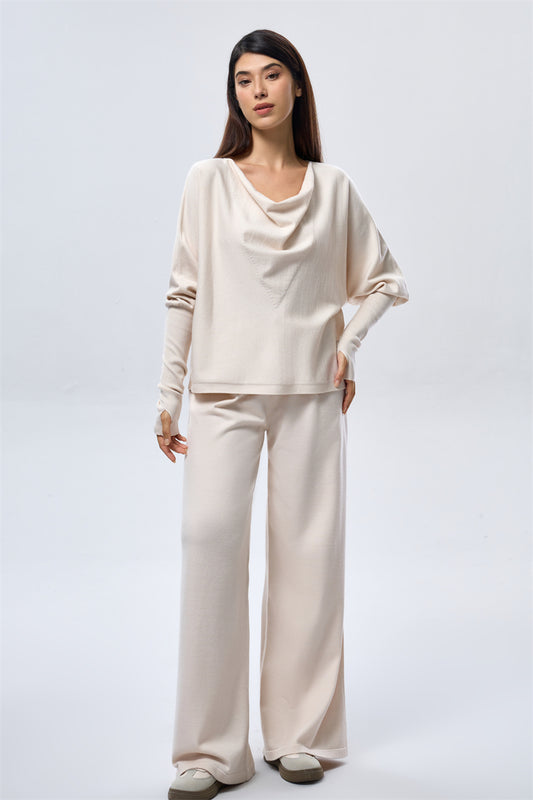 Knit Pleated Wide Leg Pants - Ivory