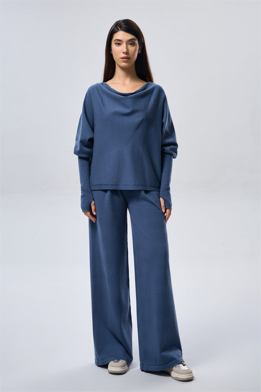 Knit Pleated Wide Leg Pants - Blue
