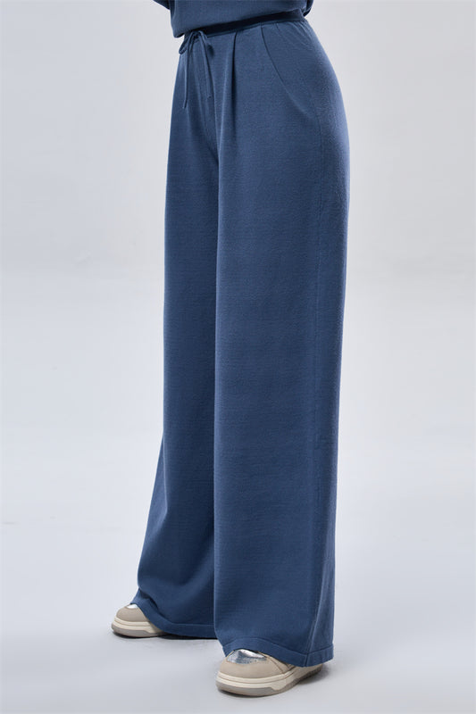 Knit Pleated Wide Leg Pants - Blue