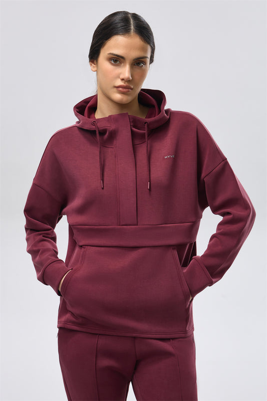 Placketed Leisure Hoodie - Maroon