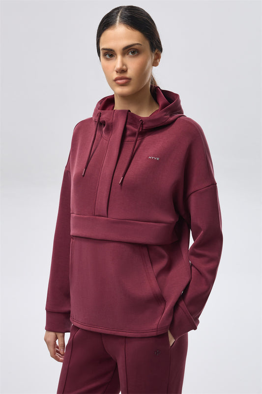 Placketed Leisure Hoodie - Maroon
