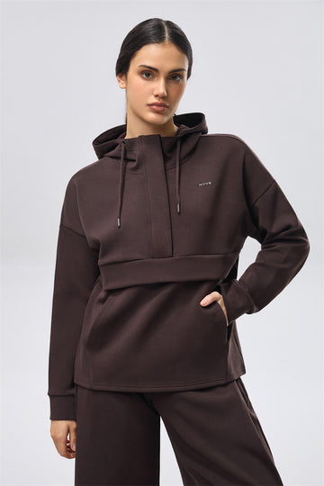 Placketed Leisure Hoodie - Espresso