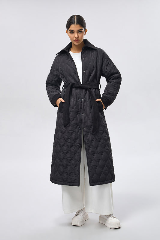 Long Quilted Jacket with Waist Tie - Black