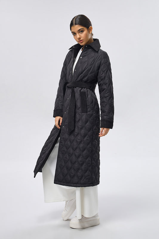Long Quilted Jacket with Waist Tie - Black
