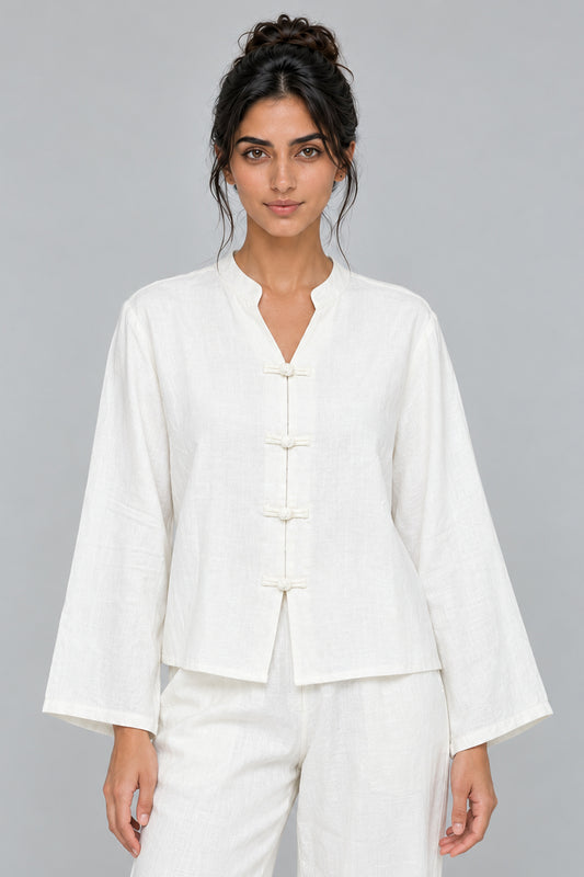 Mandarin Collar Blouse with Knot Closures