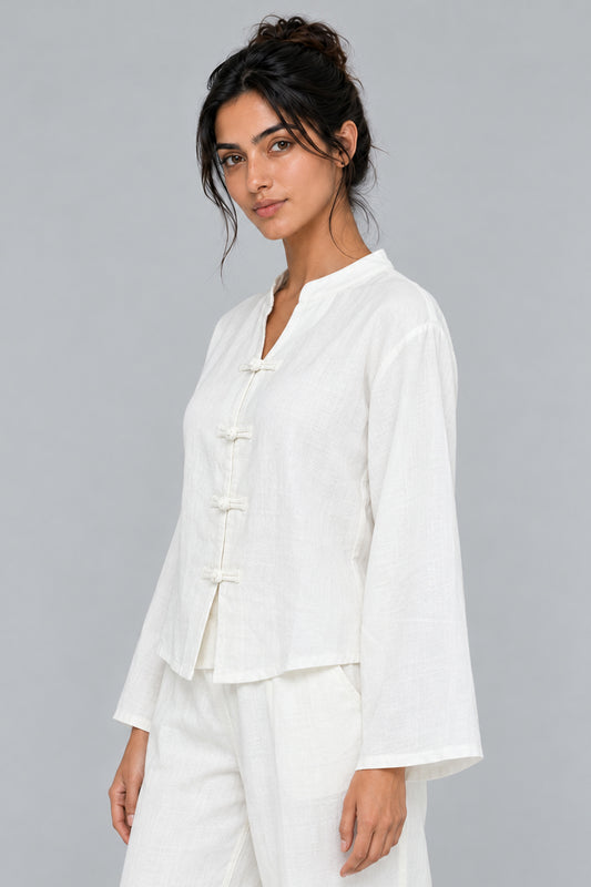 Mandarin Collar Blouse with Knot Closures