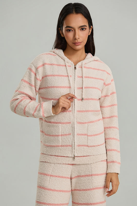 Striped Knit Hooded Zip-Up Pullover