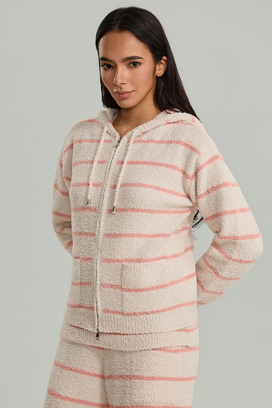 Striped Knit Hooded Zip-Up Pullover